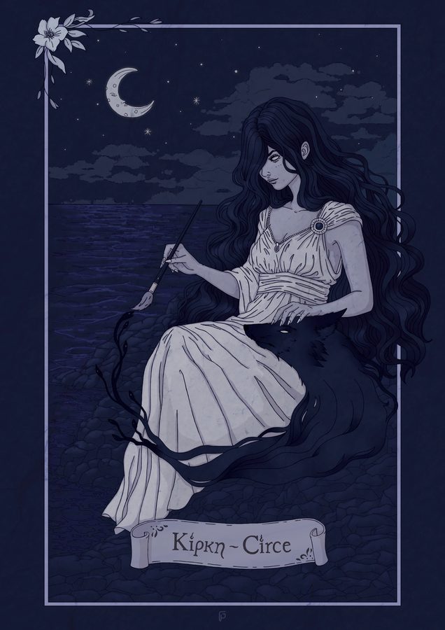 Illustrazione Circe: figura femminile in abito chiaro su fondo blu notte con la luna