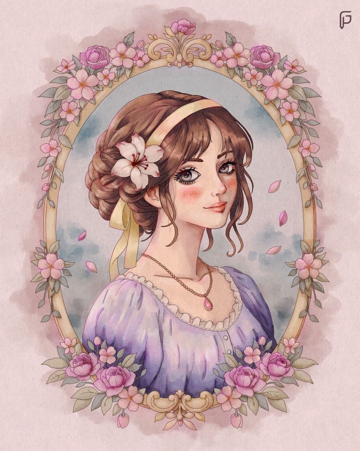 Ritratto di ragazza in una cornice ovale di rose