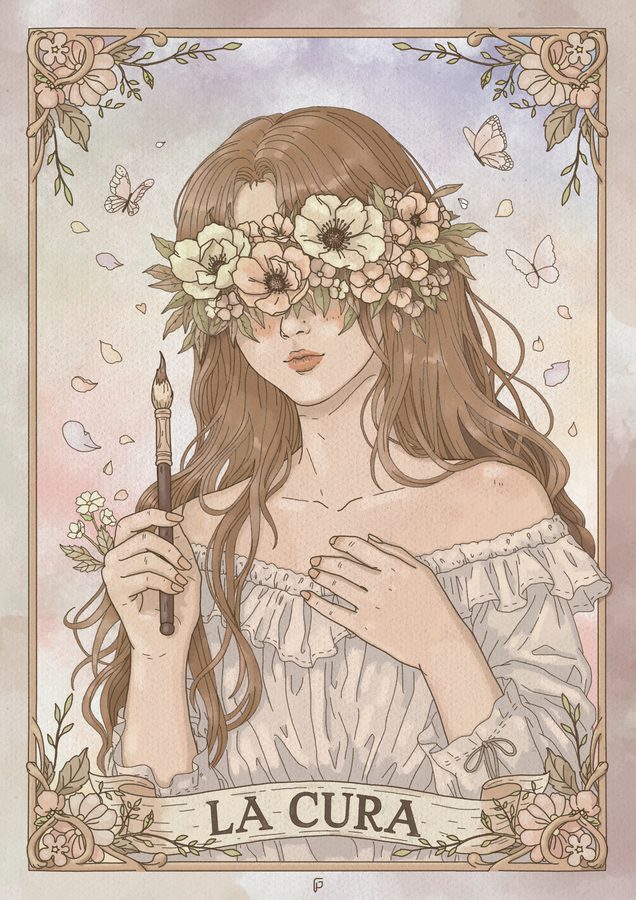 Illustrazione La Cura: figura femminile con una corona di fiori sugli occhi, in cornice art nouveau