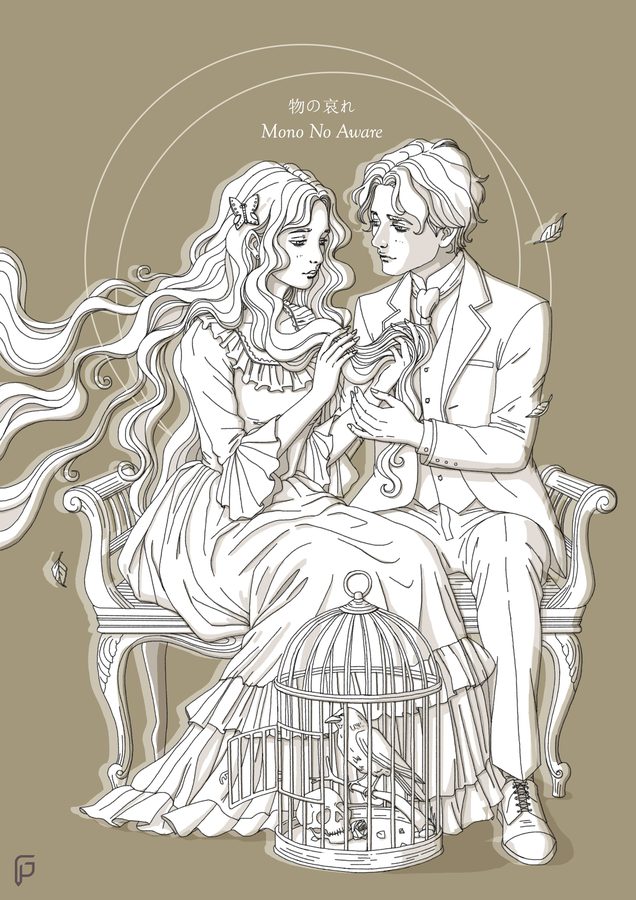 Illustrazione Mono no aware: line art di una coppia su fondo color sabbia