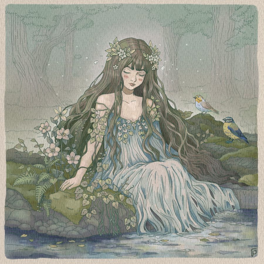 Illustrazione Ninfa: figura femminile tra muschio, fiori e acqua nel bosco