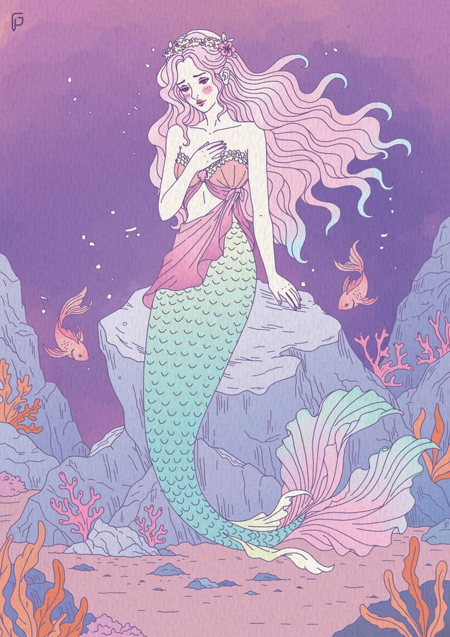 Illustrazione La Sirenetta: sirena dai capelli rosa seduta su uno scoglio tra coralli e pesci