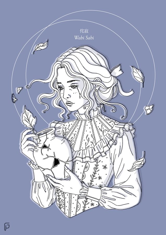 Illustrazione Wabi Sabi: line art di una ragazza su fondo azzurro polvere